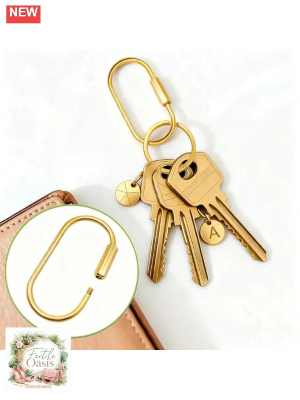 Brass Key Ring Set, Carabiner Clip with Screw Lock, Key Organizer with 4 Rings,